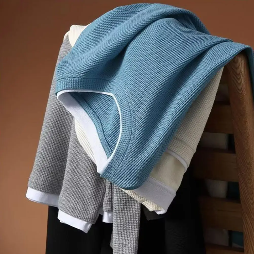 

Вафельные футболки с длинными рукавами для мужчин, повседневная толстовка с круглым воротником, мужские футболки с длинными рукавами, искусственный свитшот из двух частей, топ