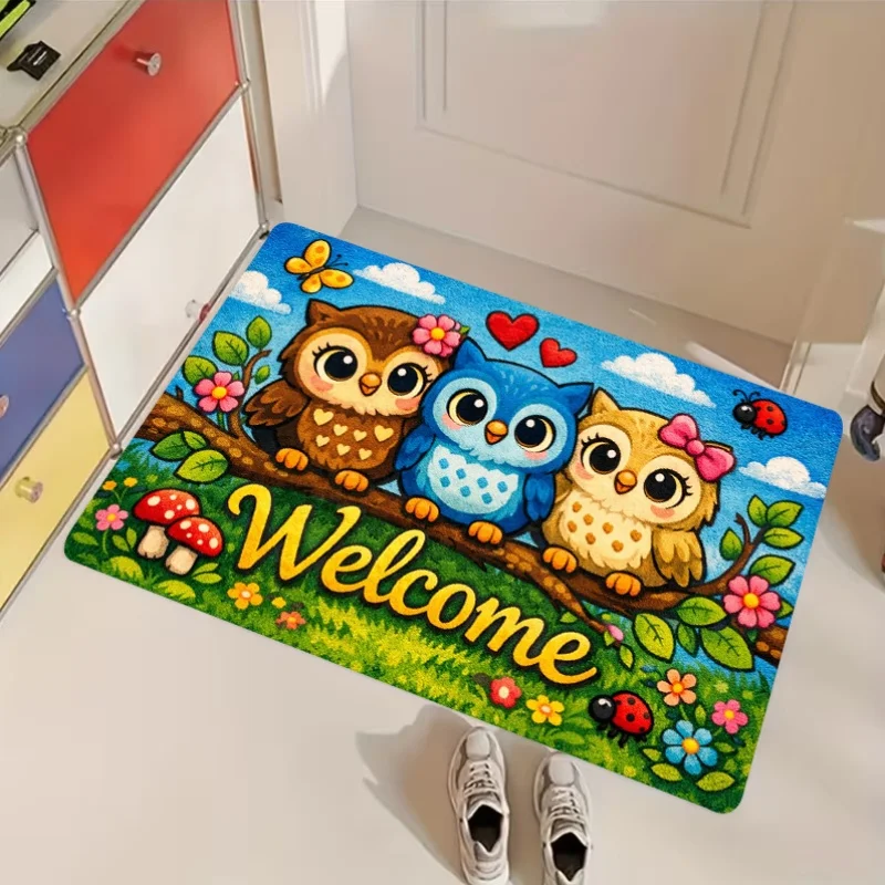 1pc, 2D Flat Printing, Cute Cartoon Owl Welcome Entrance Mat, Non-Slip Machine Washable Easy Clean Polyester Carpet, Suitable