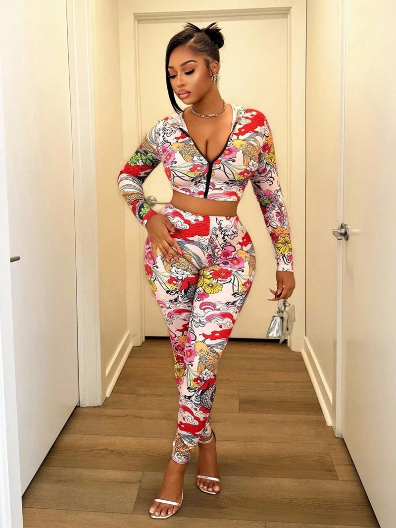 

STYLISH LADY Fish Floral Printed Sexy 2 Piece Set Women Long Sleeve Hoodie Sweatshirts and Pant Suits 2025 Autumn Street Outfits