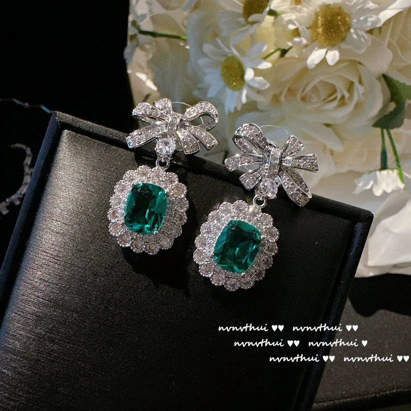 3pcs/set Elegant Bowknot Wedding Jewelry Sets Women Luxury Platinum Plating Green Zircon Stone Temperament Drop Earring Necklace