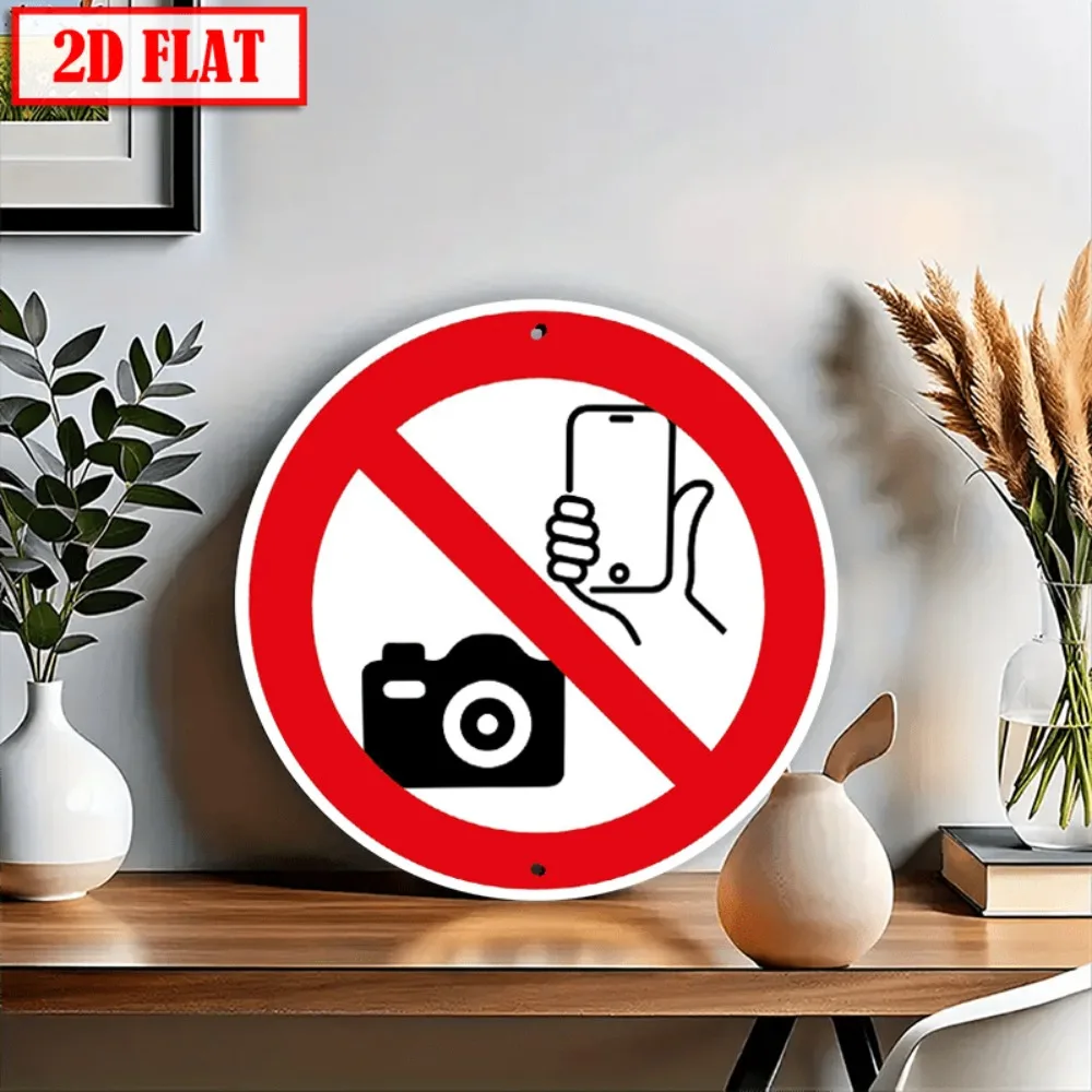 2D Flat Aluminum No Photo Sign - 8x8 Inch Metal Plaque, Wall-Mounted for Indoor/Outdoor, Data Protection for Offices & Theaters,
