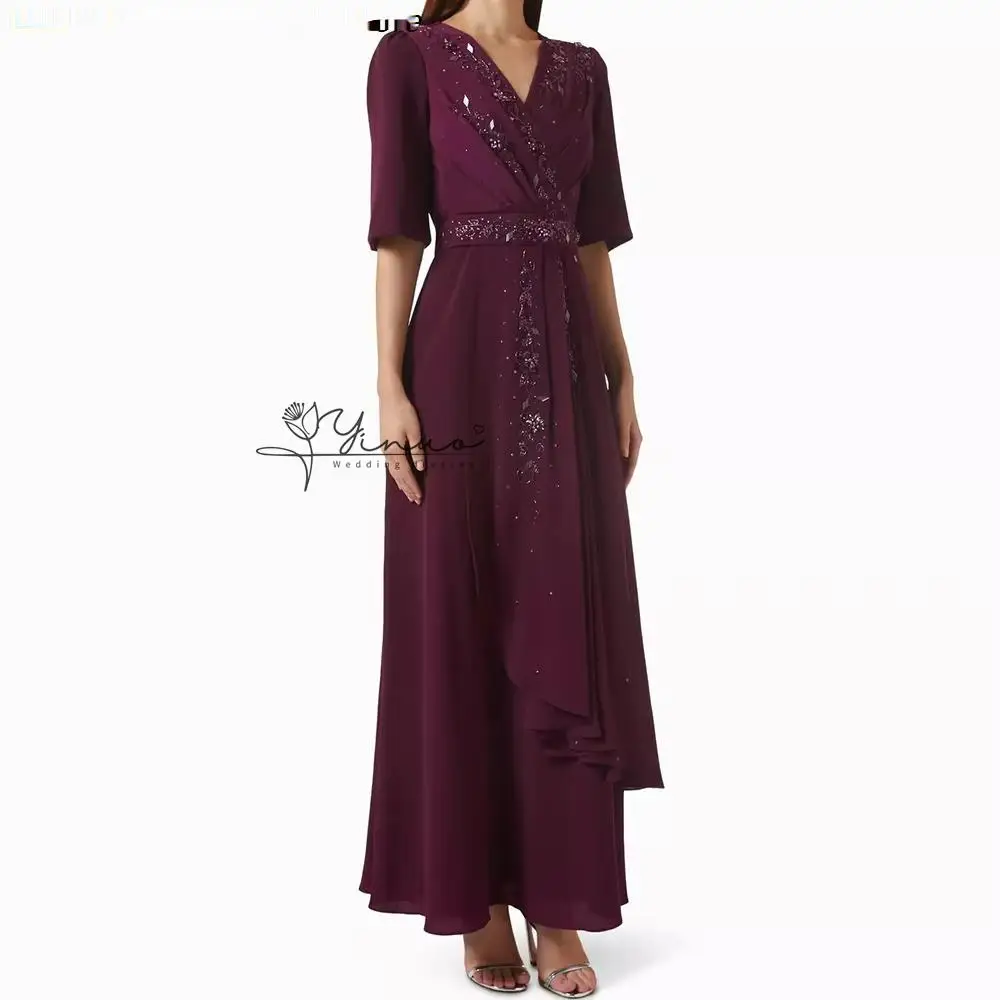 Customized A-line Evening Dresses Ankle-length V-neck Half Sleeve Prom Dresses Fashion Sequined Sashes Draped Customized Gowns - view 2
