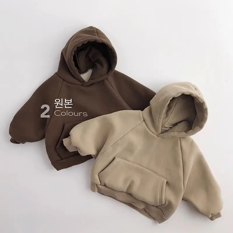 Autumn Winter Korean Baby Boys Hoodies Cotton Thickened Fleece Solid Hooded Toddler Boys Sweatshirts Children Boys Pullovers