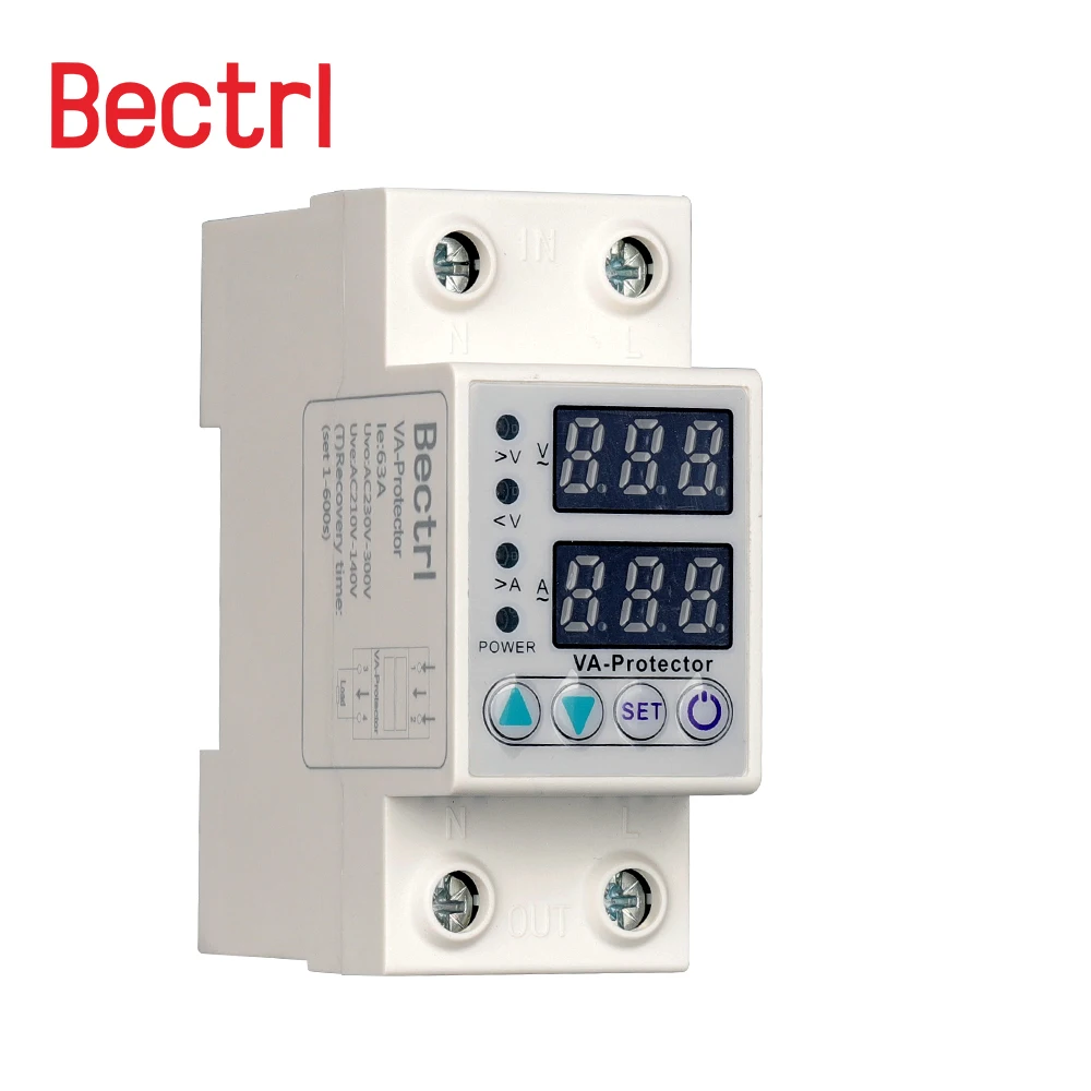 Din Rail Dual Display Adjustable Over Voltage Current and Under Voltage Protective Device Protector Relay 40A 63A 80A 220V 230V