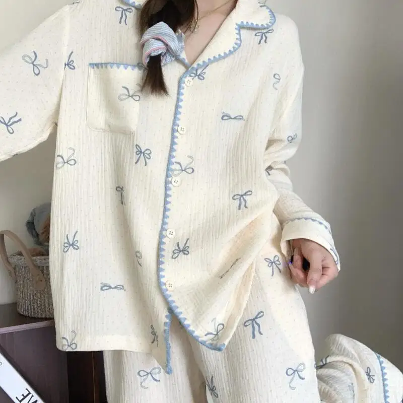 Senhora conjunto de pijama outono e inverno novo modelo doce mangas compridas calças casa conjunto bonito manter quente confortável moda