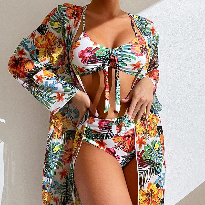 Cikini-Traje de baño estampado floral de cintura alta para mujer, conjunto de Bikini sexy, tres piezas, Blusa de manga larga, traje de baño de talla grande