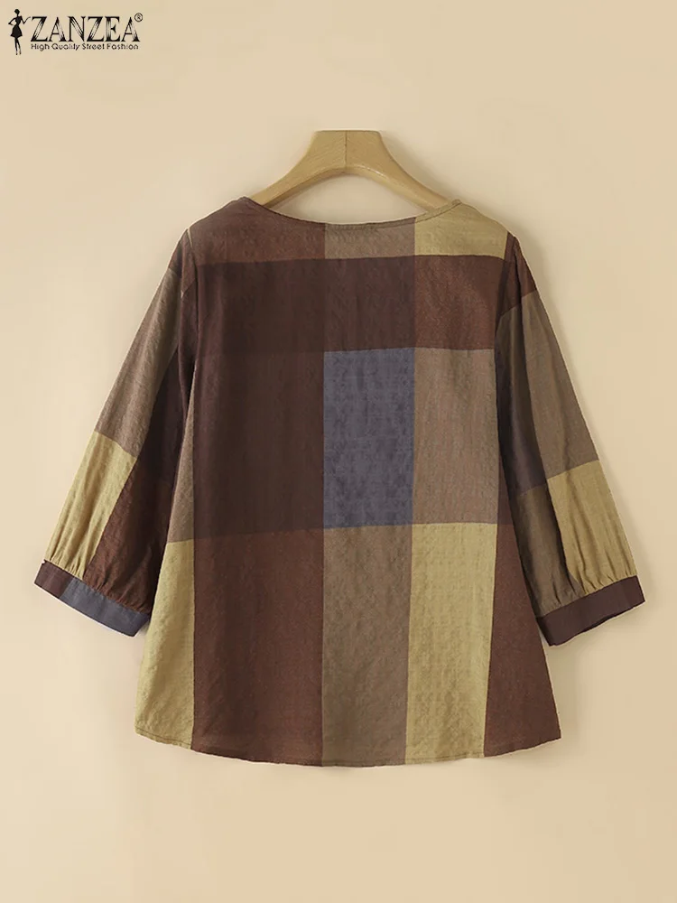 ZANZEA Damen-Vintage-Hemd, 2025, Herbst, lässig, locker, kariert, kariert, Tops, elegante Rundhals-Tunika, 3/4-Puffärmel, Retro-Bluse, Blusa