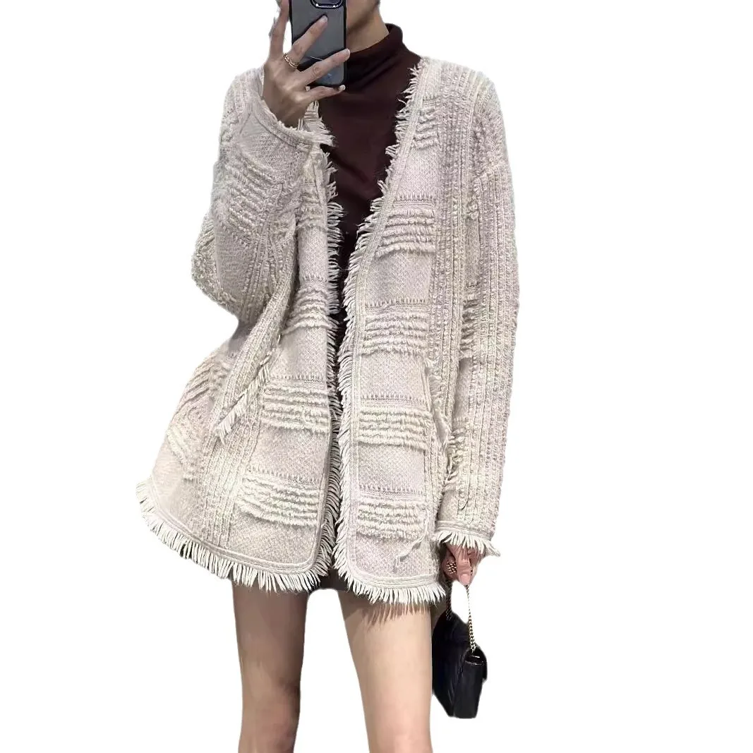 Autumn And Winter New Cardigan Women\'s 100 Pure Wool Sweater Chanel Tassel Loose Lazy Style Knitted Sweater Coat For Women