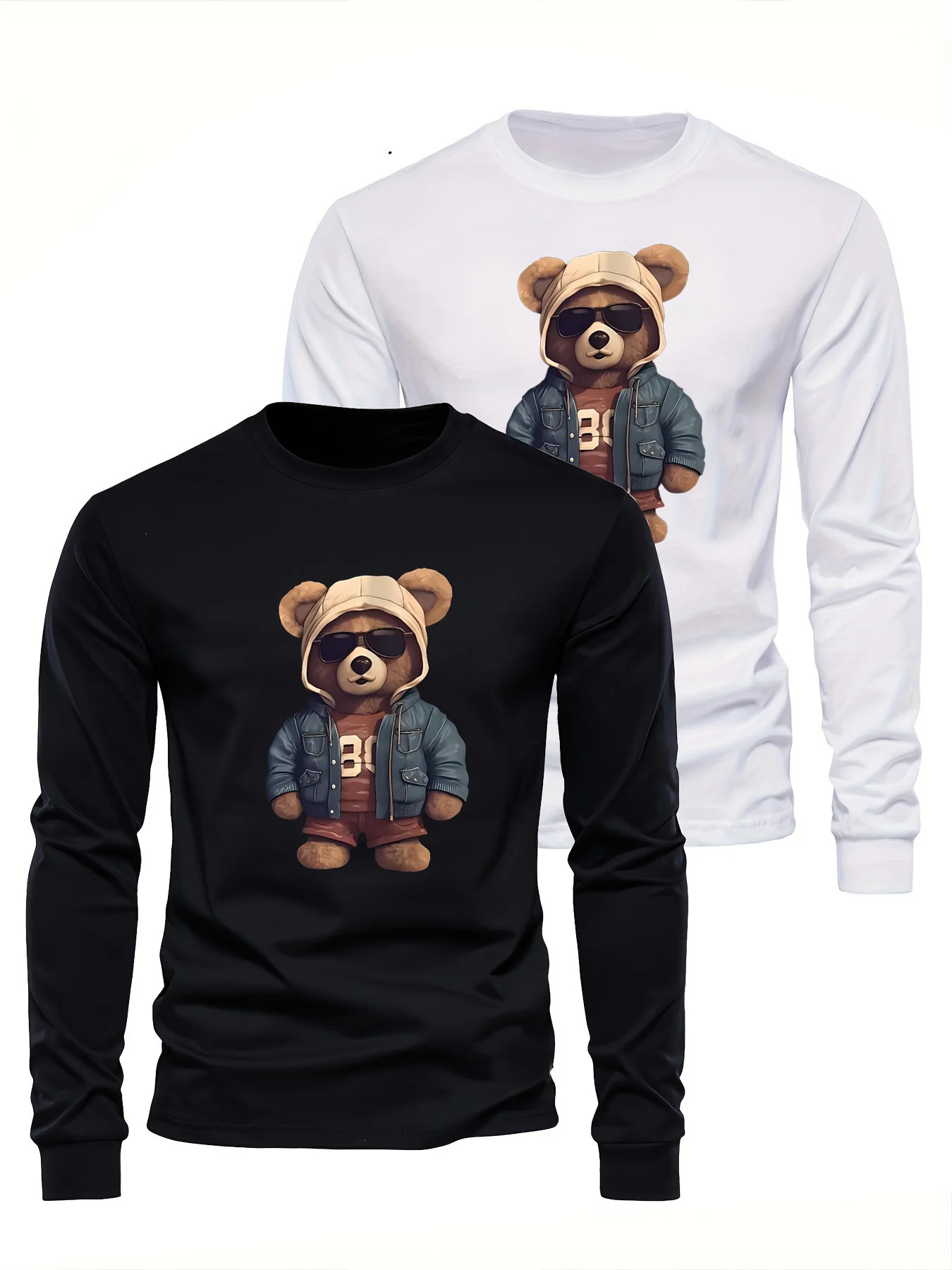Men's 100% Pure Cotton Loose and Comfortable Casual Sports Bear Pattern Printed Round Neck Long Sleeved T-Shirt Top