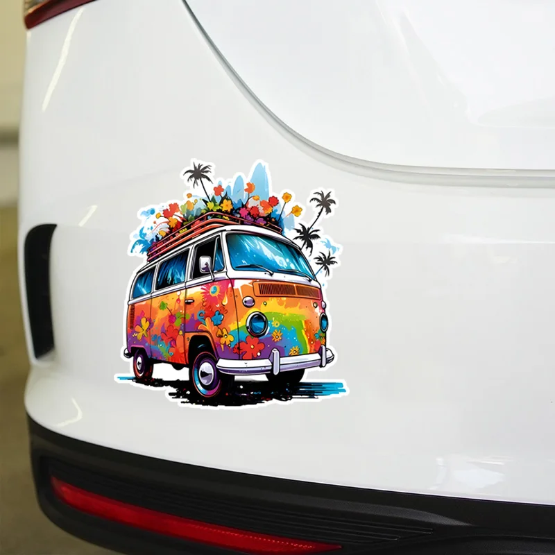 Hippie Flower Camping Bus Vinyl Waterproof Car Laptop Decal Sticker For Car Vans Trucks