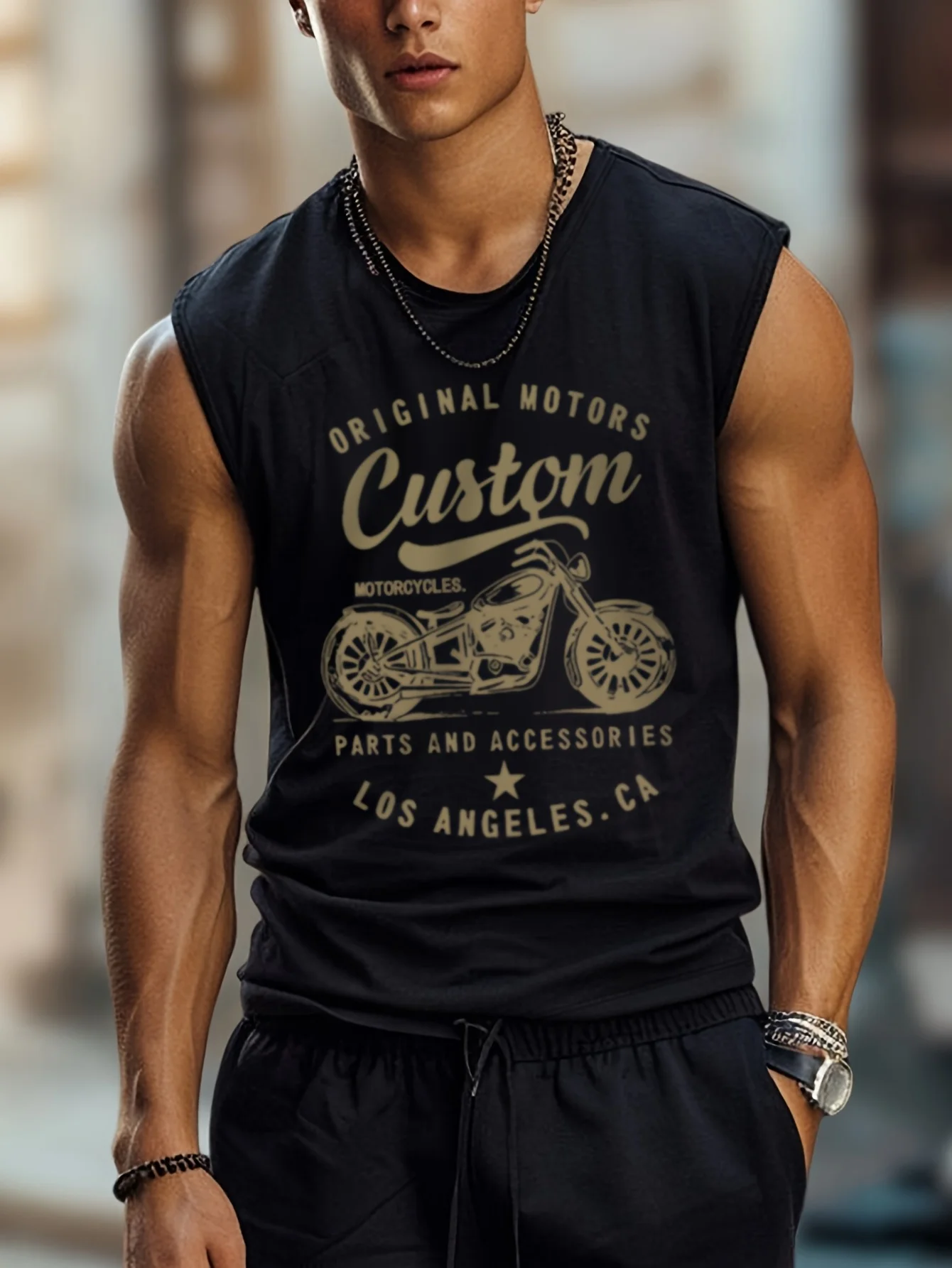 100% Pure Cotton Summer Men's Fashionable Casual Loose American Trend Retro Motorcycle Pattern Printed Sleeveless Vest