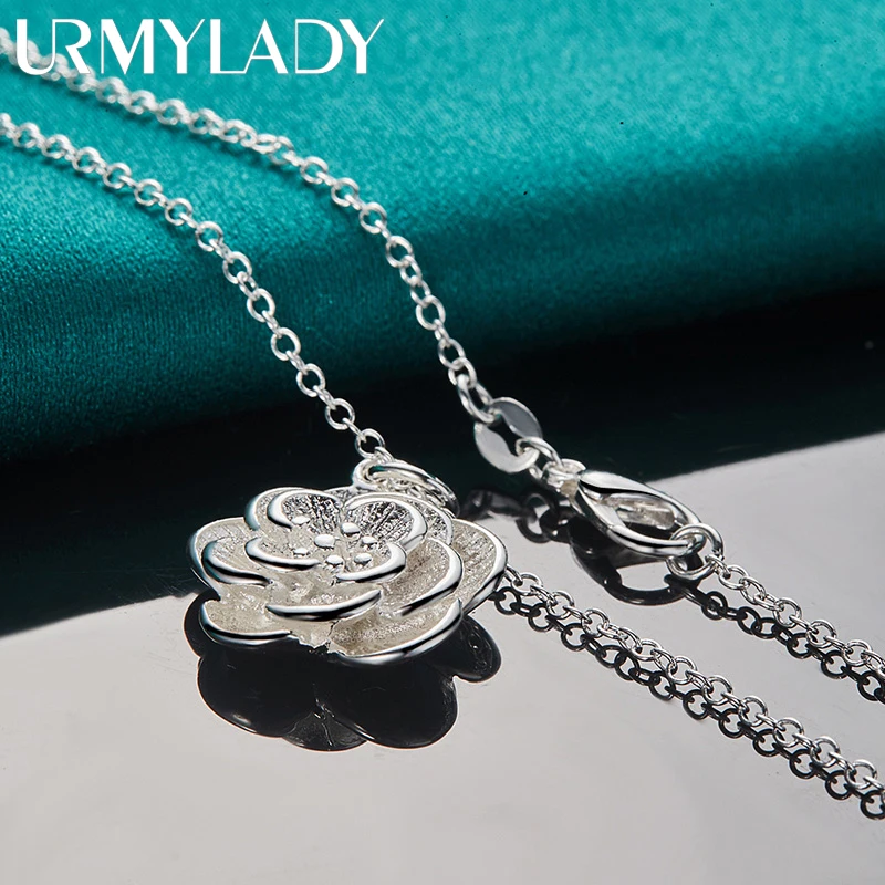 

URMYLADY 925 Sterling Silver Rose flower Pendant Necklace 16-30 Inch Snake Chain For Women Wedding Engagement Jewelry