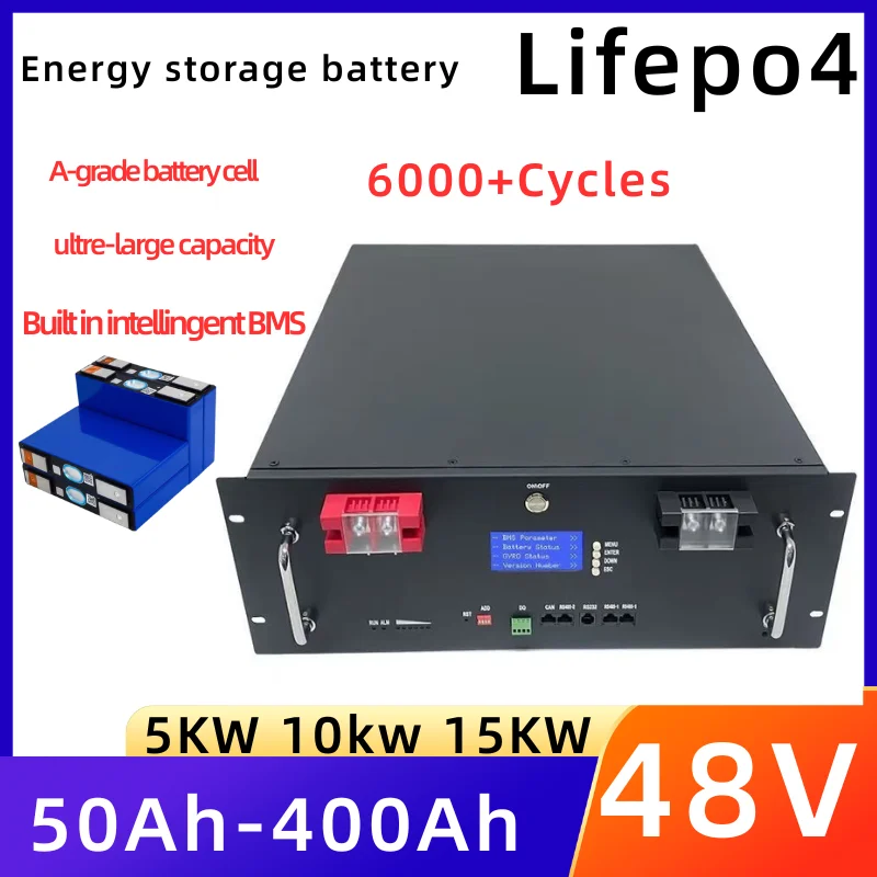 

48V 200AH 150AH 100AH LiFePO4 Battery Pack 51.2V 10KW Lithium Solar Battery Rechargeable Battery 6000+ Cycles For Home Storage