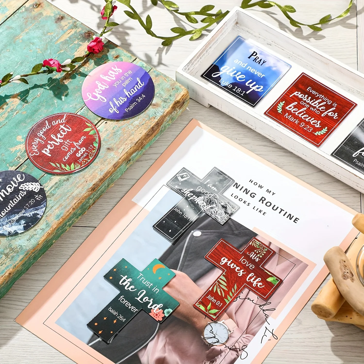 15 inspired fridge magnet decorations, including Bible Verse Inspiration Magnets and Faith Storage Cabinet Magnets