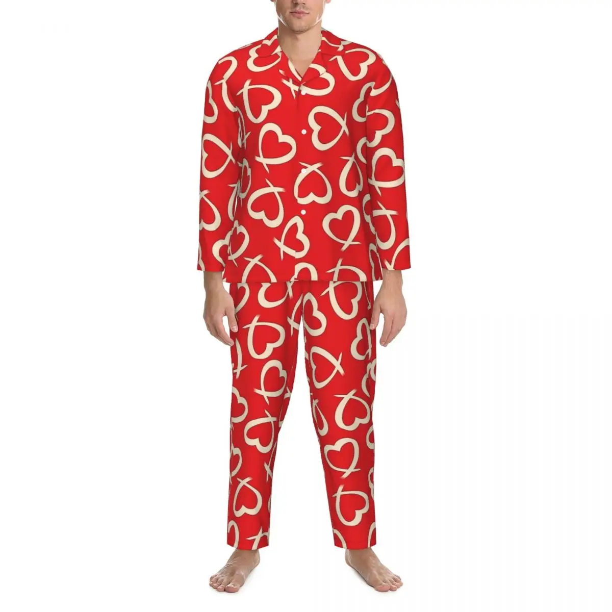 Pajamas Man Sweet Hearts Print Daily Sleepwear 2 Pieces Casual Pajama Sets Long Sleeves Cute Oversized Home Suit