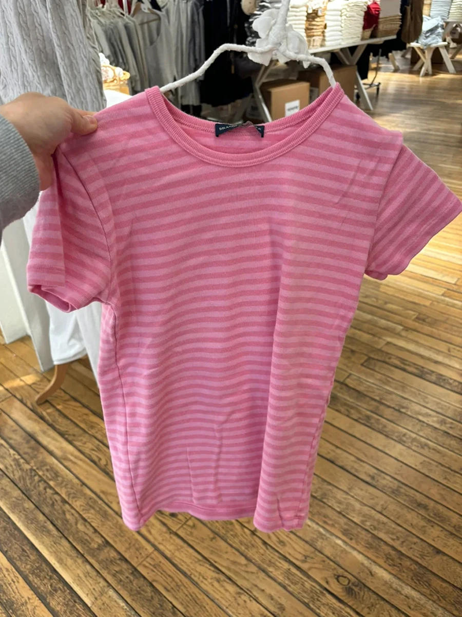 Różowy Striped Slim T-shirt Women Casual Summer O-Neck Short Sleeve Tee Shirts Female Sweet Cute Preppy Style Cotton Tshirts Y2k