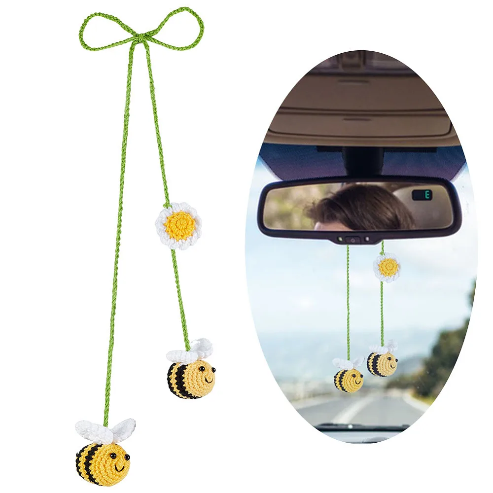 Crochet Bee and Sunflower Car Hanging Ornament Cute Bee Car Rear View Mirror Hanging Charm Automotive Interior Decorations Bag