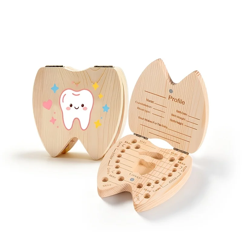 1PCS Tooth-Shaped 2D Wooden Keepsake Box Cute Tooth Pattern Wooden Storage Box Storing Teeth  Hair Birth Souvenir Christmas Gift