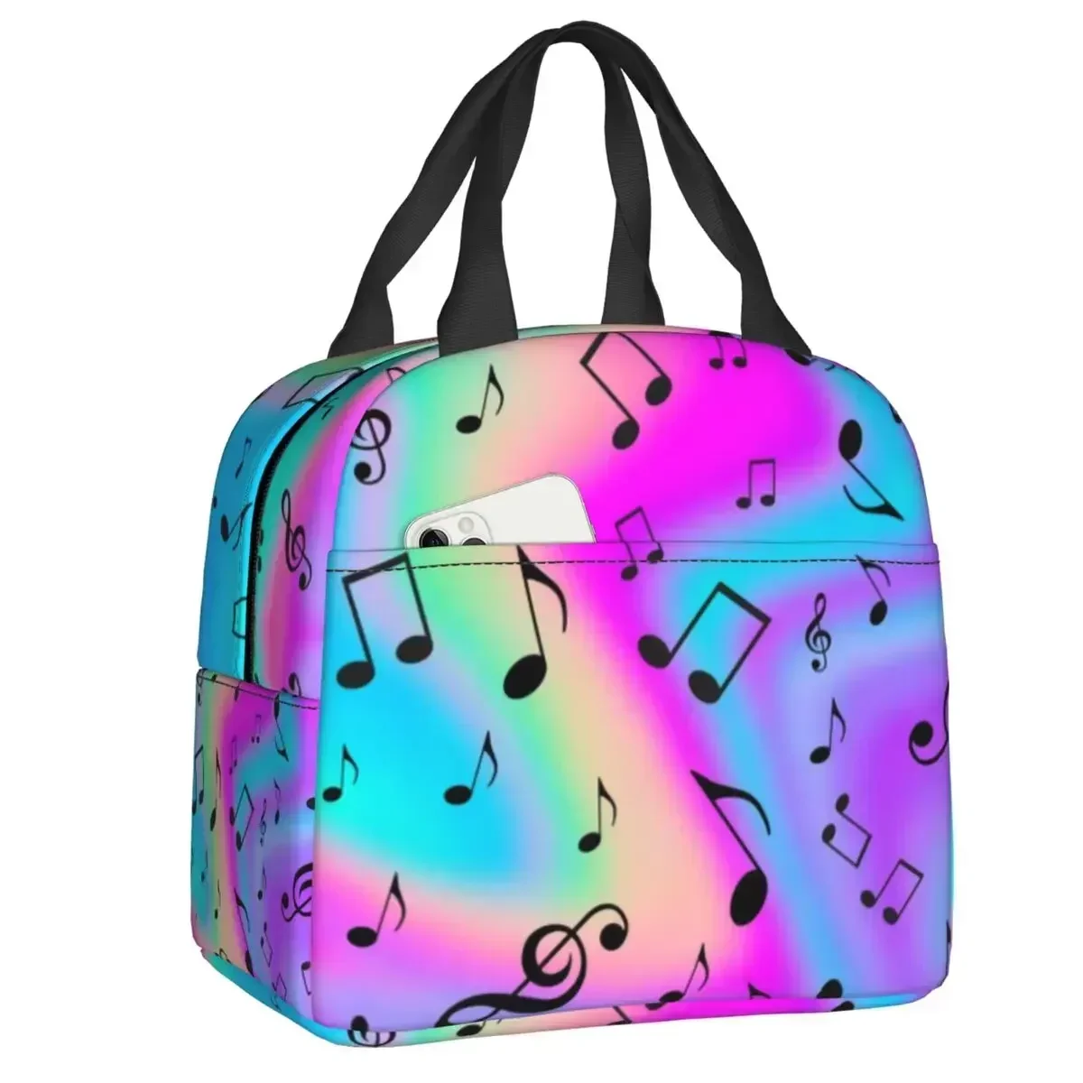 Band Instruments Seamless Music Notes Insulated Lunch Tote Bag Guitar Piano Portable Cooler Thermal Bento Box Camping Travel