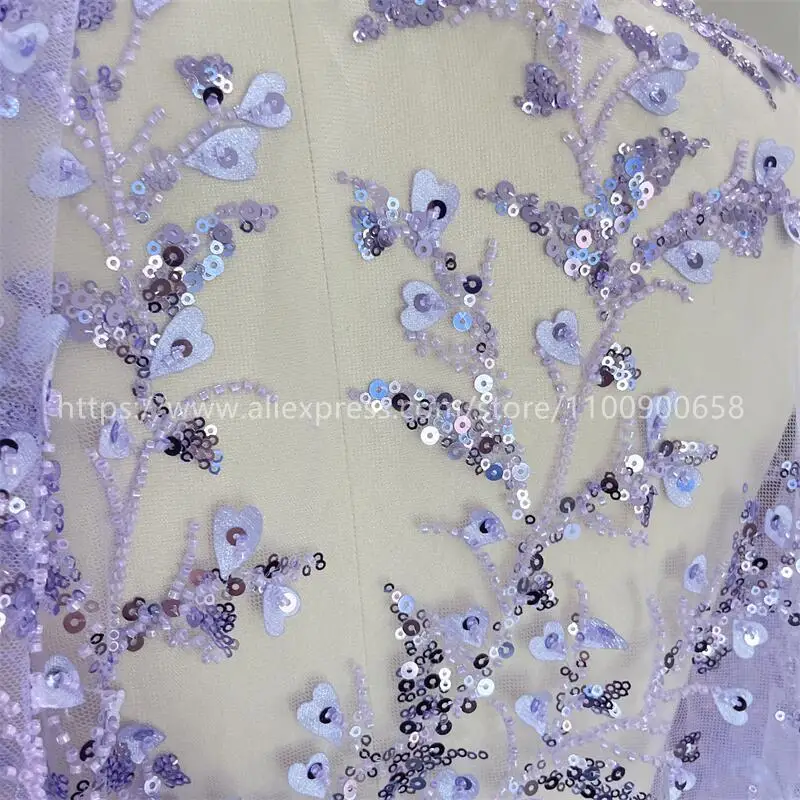 Light Purple Dusty  Green Sequin Bead Embroidery Wedding Dress Cloth DIY Sewing Fabric, 3D Lace Fabric