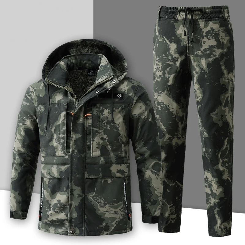 Waterproof Fleece Thickened Camouflage Men\'s Set Multiple Pockets Wear-resistant Jacket Men\'s Outdoor Sports Skiing 2-piece Suit