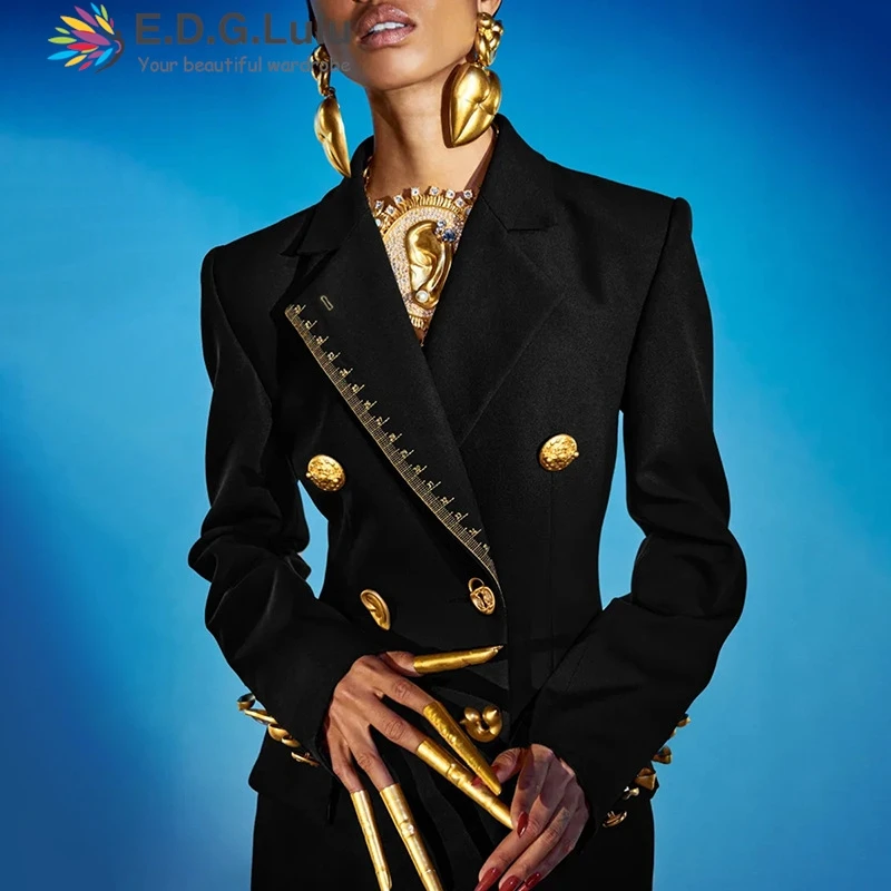 

EDGLuLu Korean Fashion Turn-Down Collar Double Breasted Suit Jacket 2025 New Women's Slim Fit Office Black Blazer Coat 0816