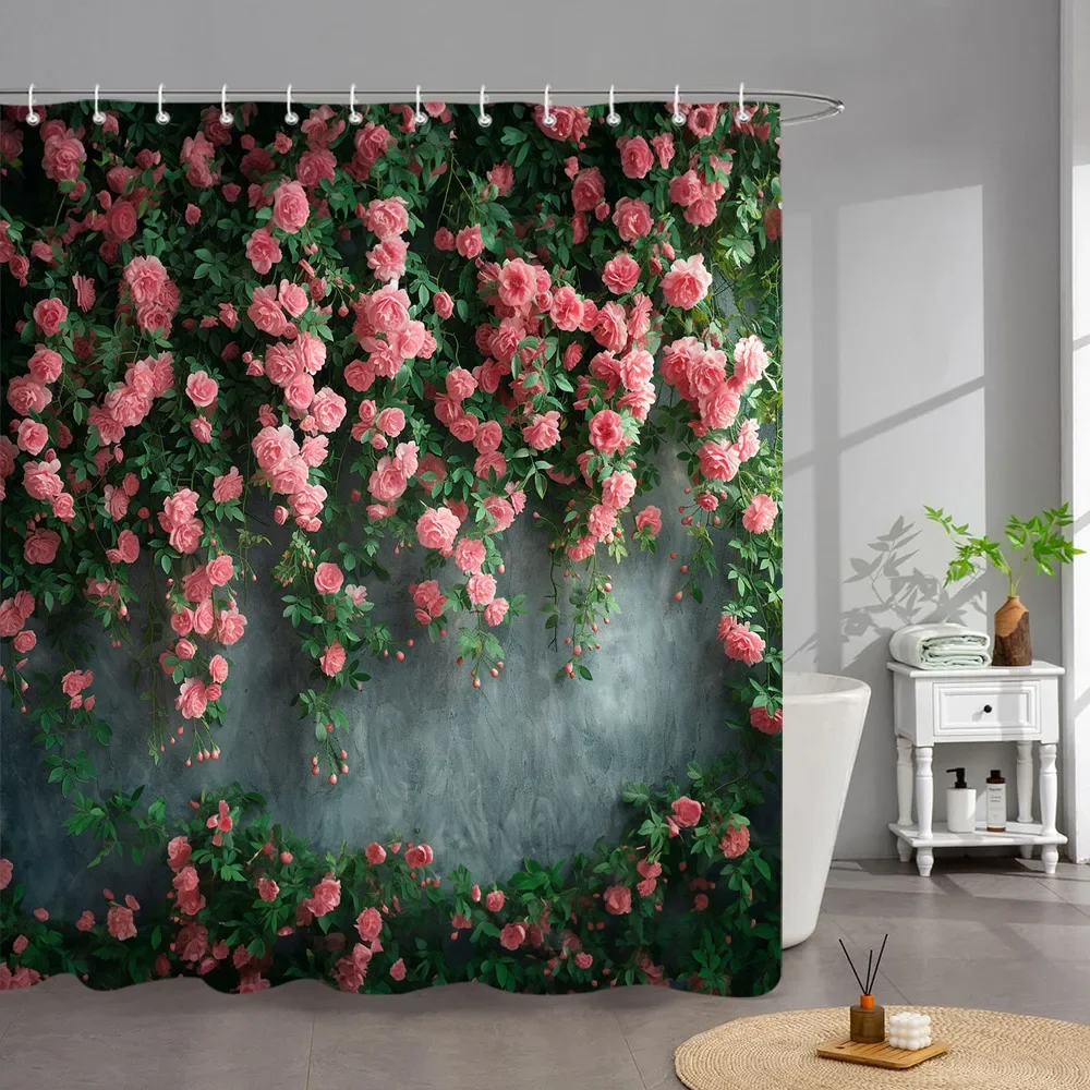 Outdoor Garden Poster Shower Curtain Vintage Window Wall Growing Floral Plants Polyester Fabric Shower Curtains Bathroom Decor