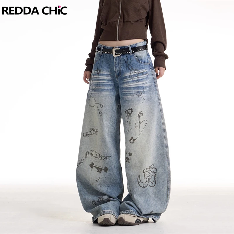 REDDACHiC Cartoon Hand-drawn Women Baggy Jeans Graffiti Distressed Loose Fit Barrel Denim Pants Y2k Cutecore Korean Streetwear