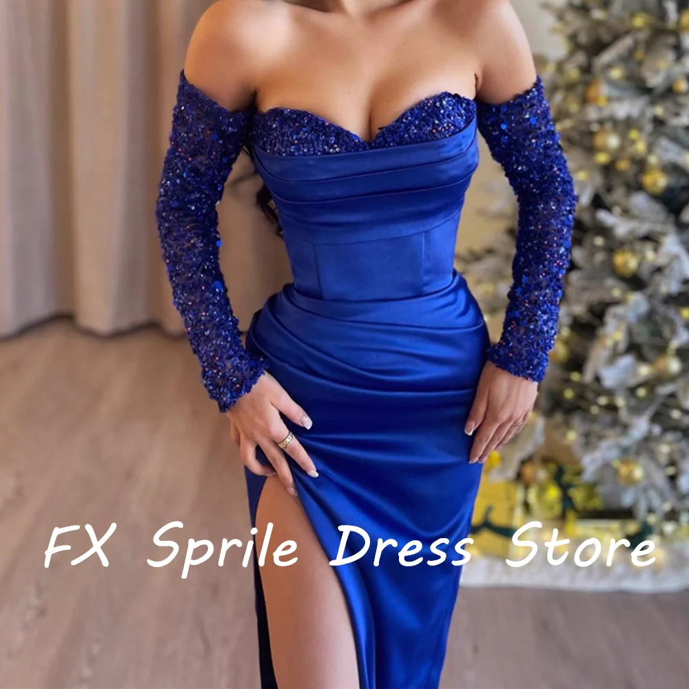 Sweetheart Off the Shoulder Sequined Long Sleeves Satin Sheath Floor Length Side Slit Backless Elegant Evening Dress Custom Size