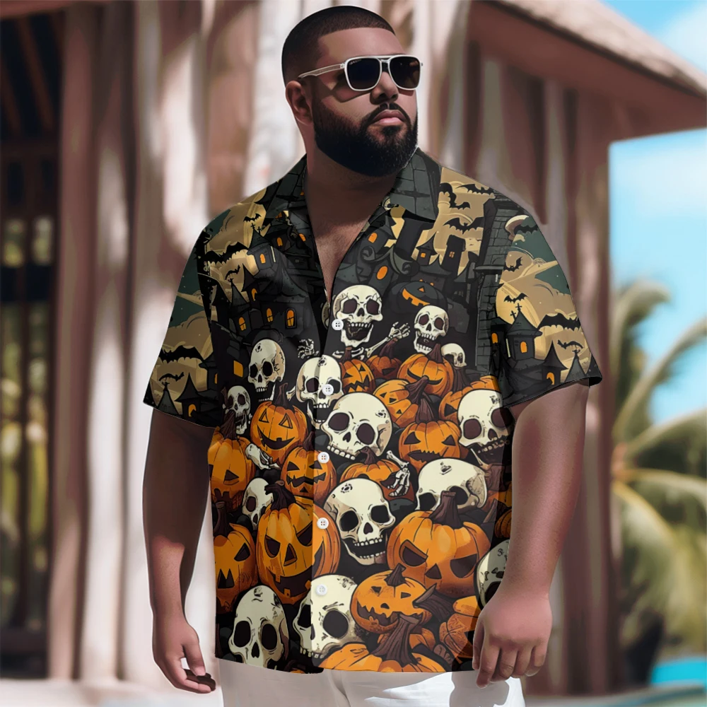 

New Hawaiian Shirt Men Goth Men Halloween Skull Pumpkin Castle Printed Casual Short Sleeve Tops Vintage Plus Size Summer Shirts