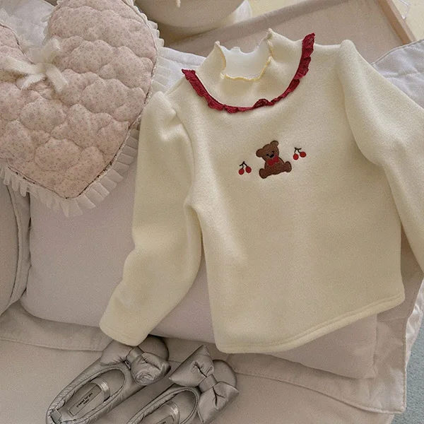Baby Girls Top Autumn Winter Kids Warm Thickening Sweater Children Puff Sleeve Embroidery Bottom Shirt 1-8 Years Casual Clothing