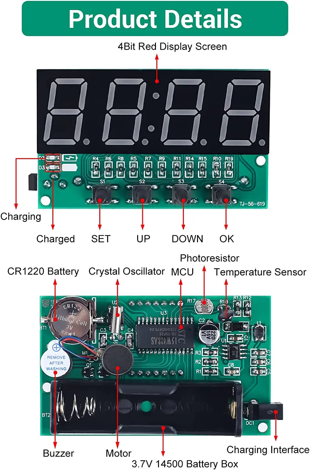 4-Digit Rechargeable DIY Digital Clock Kit SMD SMT Electronics Controlled Soldering Practice Kit Light DC 5V