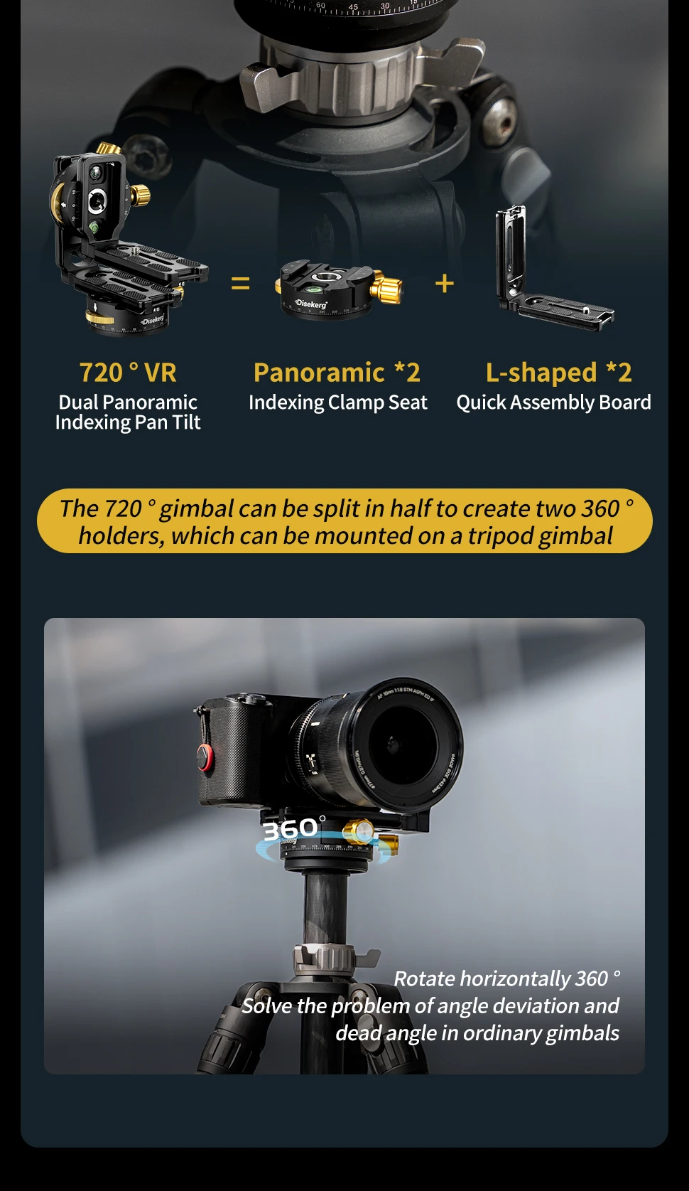 MECO DISE 720VR Panoramakopf, 360° ° Doppel-Indexierungs-Gimbal für Kamera 3D-Panorama-Video-Splicing Stativhalterung Foto-Zubehör – Detail 7