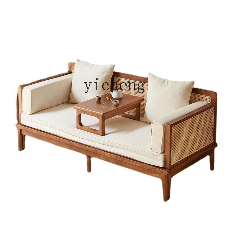 

Zc Solid Wood Sofa Bed Arhat Bed Dual-Use Retractable Sofa Log Style Vintage Rattan Decoration B & B