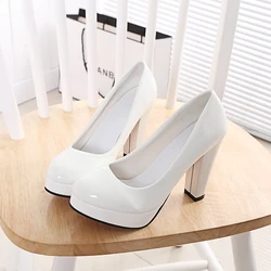 2022 High Heels Shoes Women White Wedding Shoes Thick 10 CM Heels Fashion Party Pumps Footwear Black Red Round Zapatos De Mujer