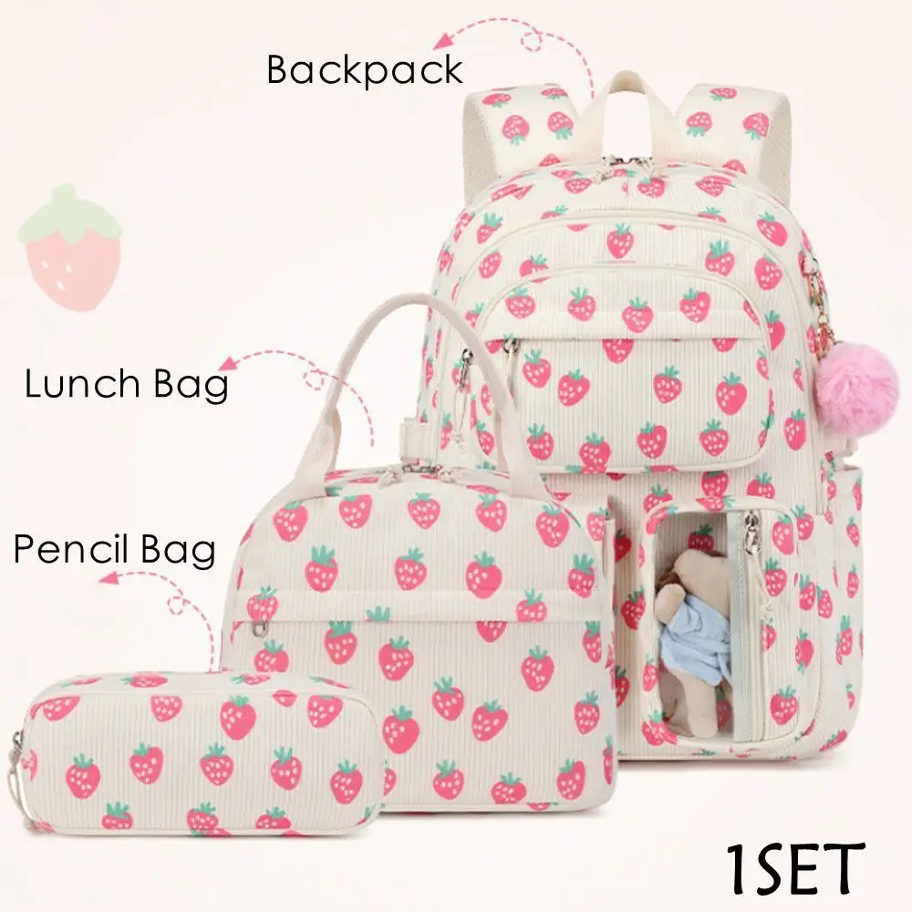 Mochila de pana con múltiples bolsillos y flores, fácil de organizar con fiambrera, mochila escolar con estampado de fresa, mochila para escuela secundaria