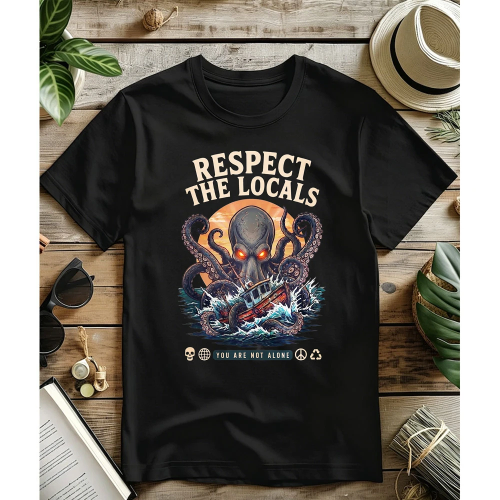 Respect The Locals Kraken Cthulhu Sea Monster T-Shirt Cryptid Fishing Shirt Octopus Graphic Tee High Quality Cotton Casual Tees