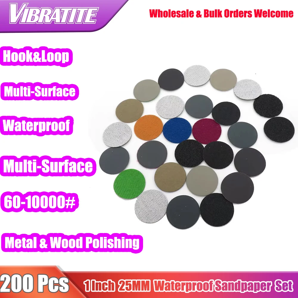 200PCS 1 Inch 25MM Waterproof Sandpaper Hook and Loop Silicon Carbide 60 to 10000 Grits for Wet or Dry Sanding