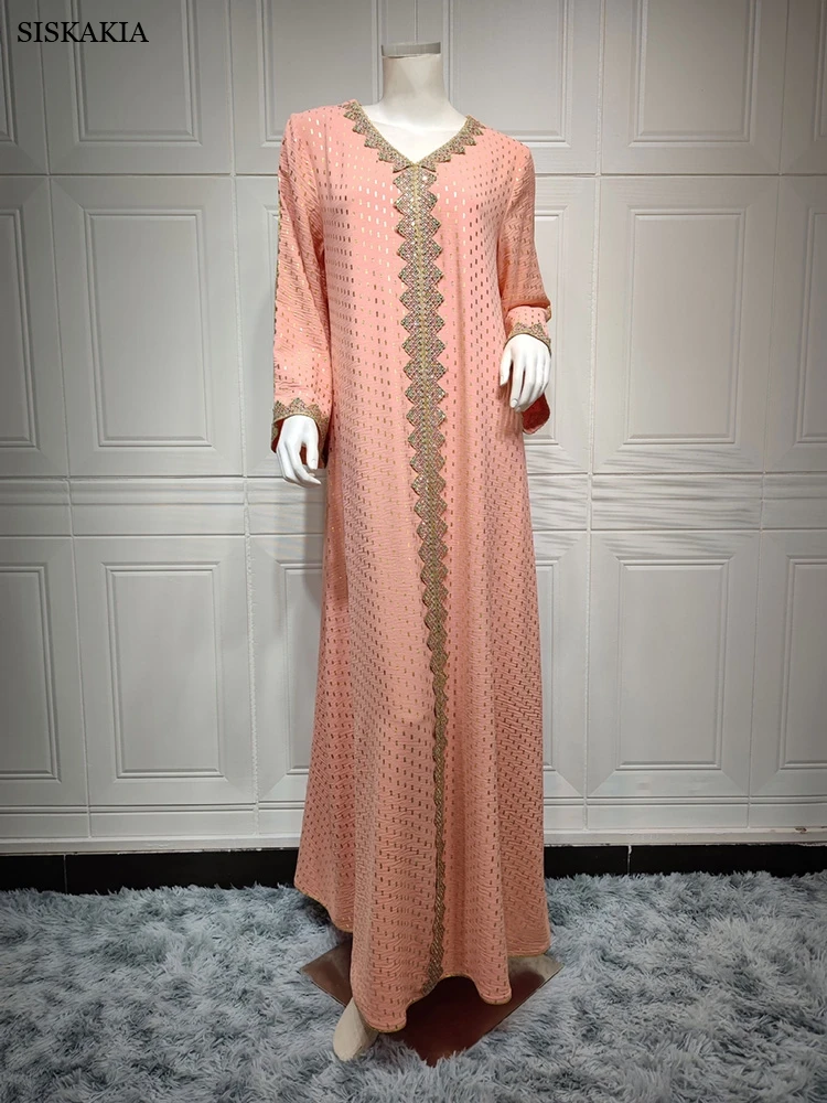 Modest Muslim Maxi Dress For Women Autumn 2022 Lace Tape Trim V Neck Long Sleeve Loose Arab Oman Dubai Gold Stamping Robe Pink