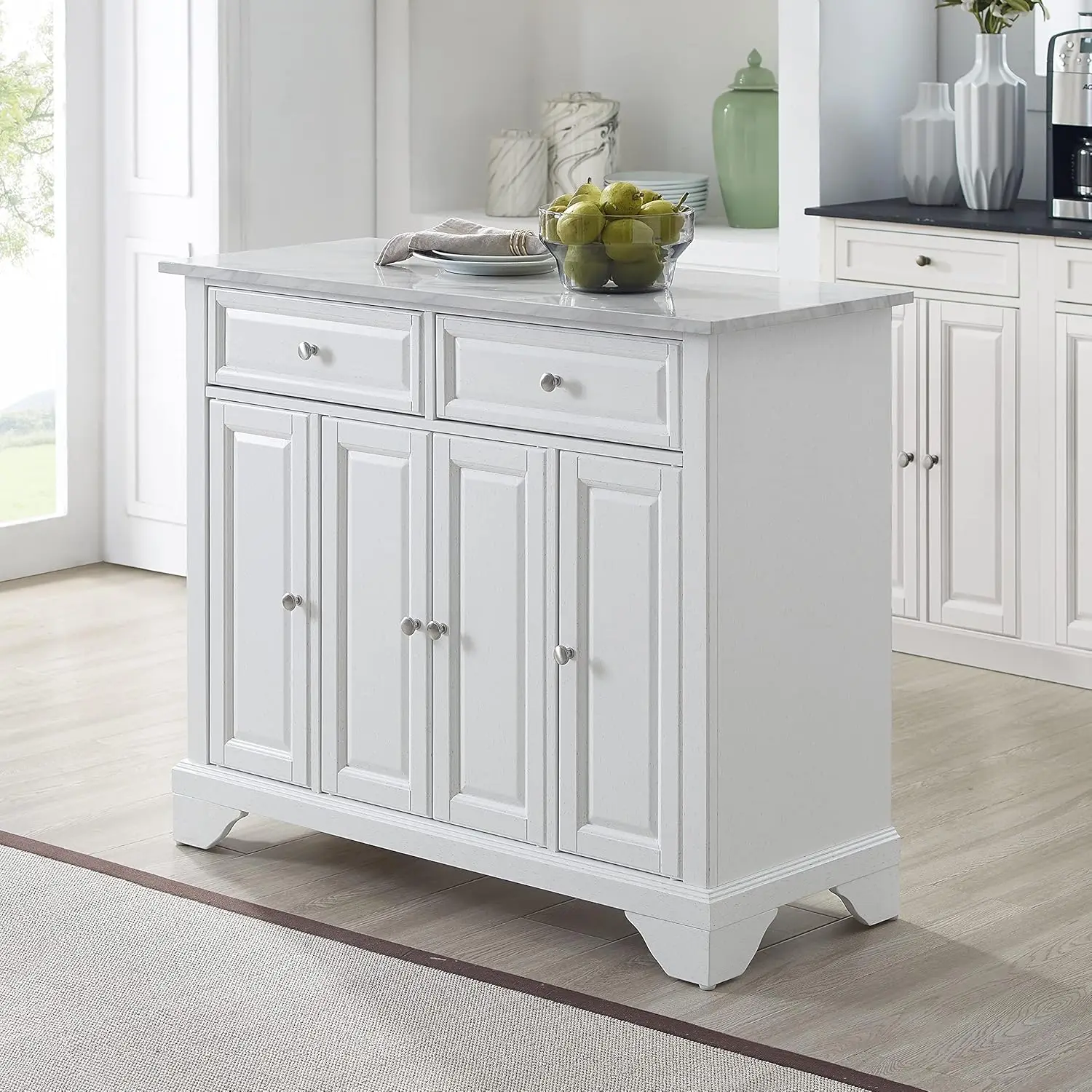 Avery Kitchen Island com Faux Marble Top, angustiado branco