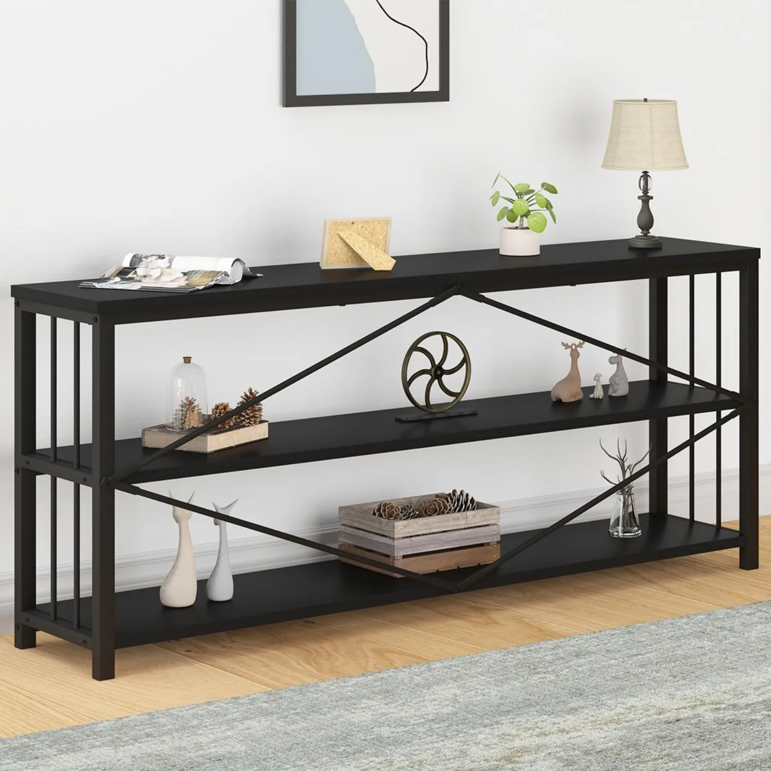 Entryway Table, Modern Extra Long Sofa Console Table, Metal Wood Narrow Hallway Table with Storage Shelves, 70 Inch