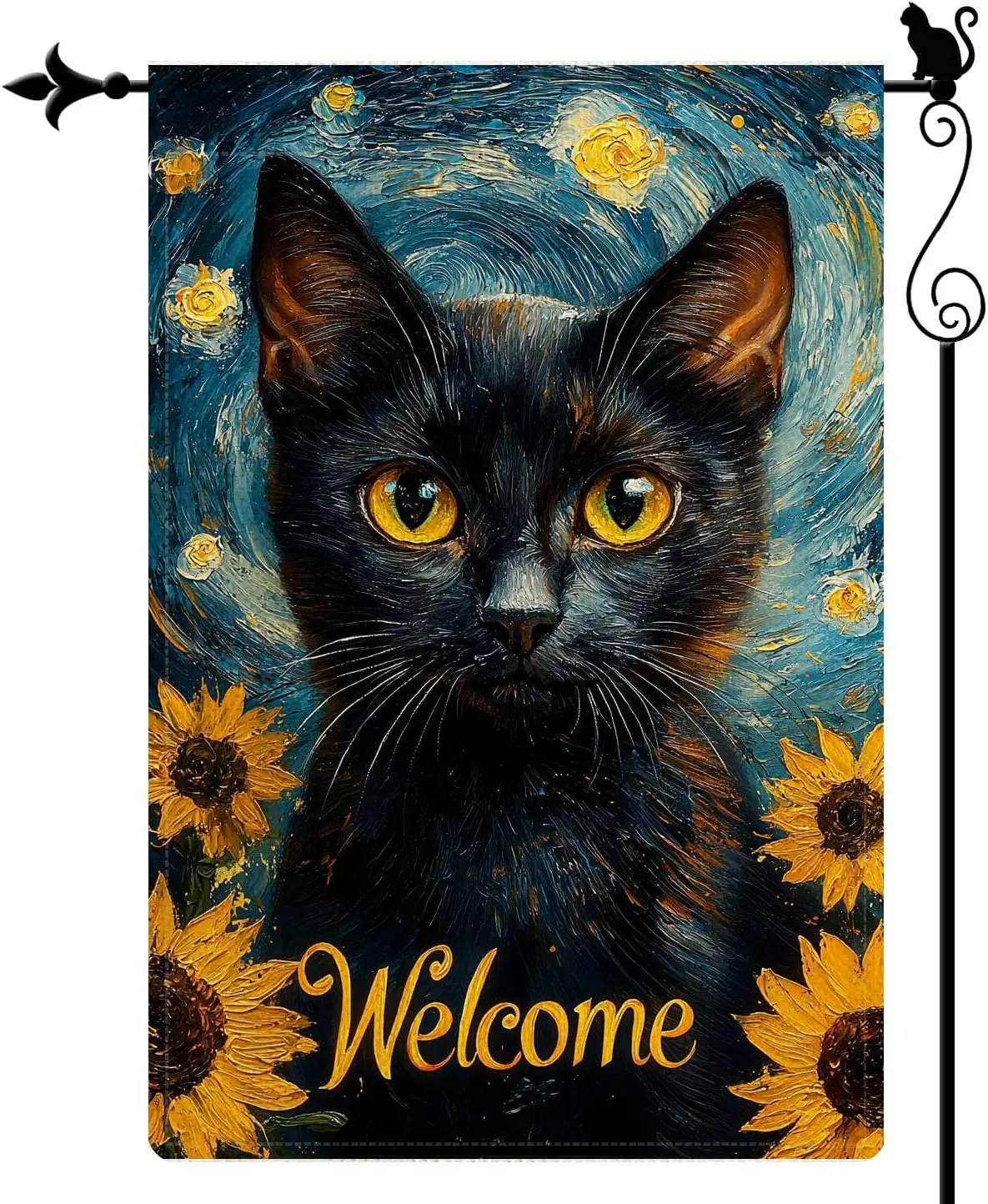 Starry Night Cat Garden Flag 12.5x18 Inches - Van Gogh Style with Sunflowers and Welcome Cursive Text, White Background Outd LLG