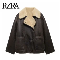 RZRA original 2024 winter new women's lapel long-sleeved lined inner fleece double-sided fur one-piece jacket is loose and warm