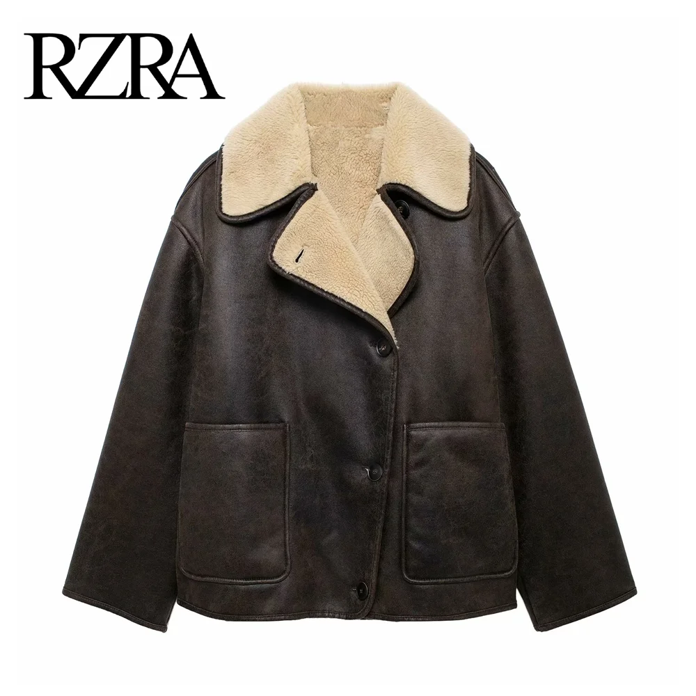 RZRA original 2024 winter new women's lapel long-sleeved lined inner fleece double-sided fur one-piece jacket is loose and warm