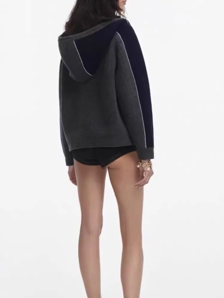 Automne Patchwork tricoté femmes veste à capuche ensembles fermeture éclair manches longues haut décontracté tenues au-dessus du genou Mini jupe deux pièces ensemble