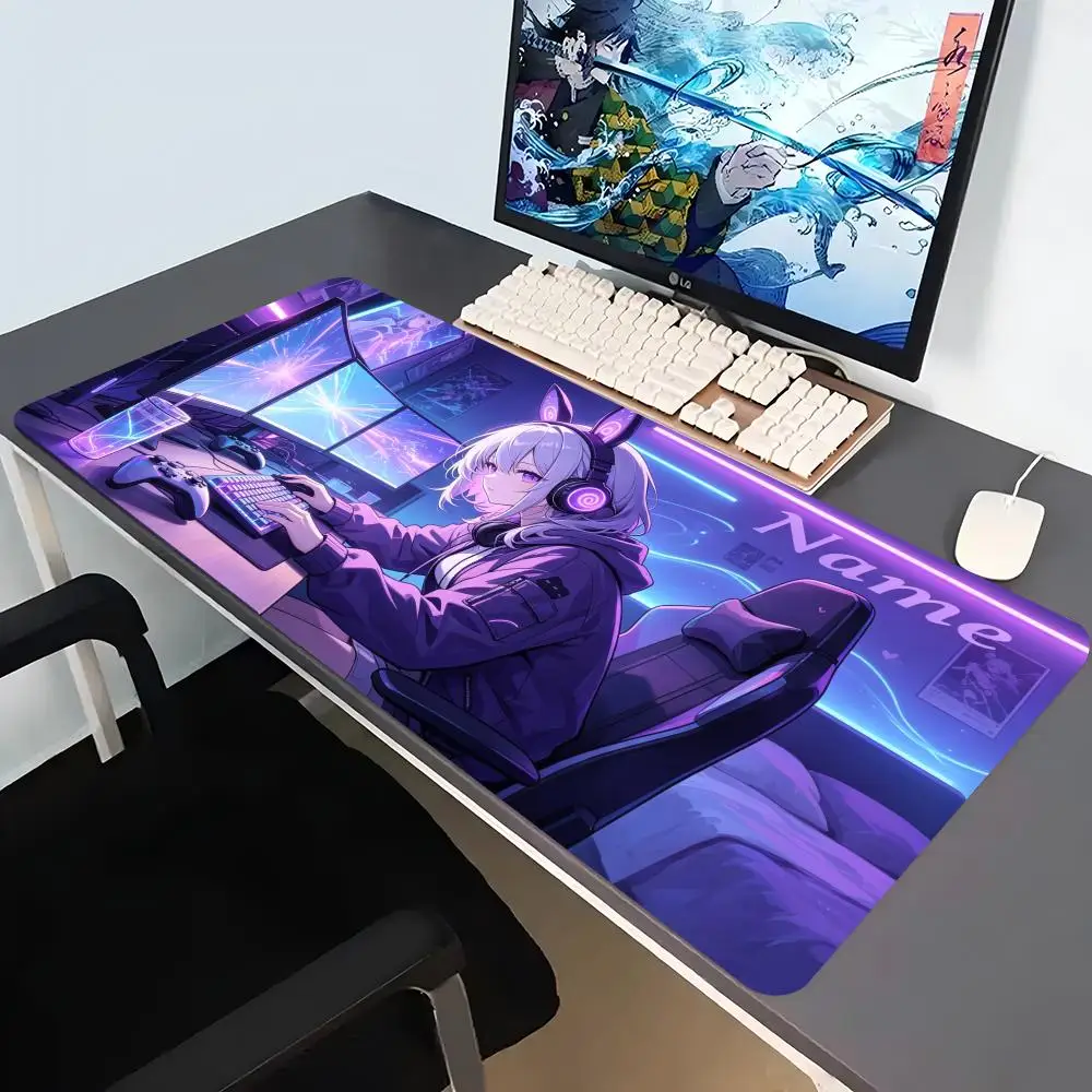 Purple Anime Girl Print Large Gaming Mousepad Non-slip Rubber Base Stitched Edge Desk Mat Office Desktop Decor Workstation Mat