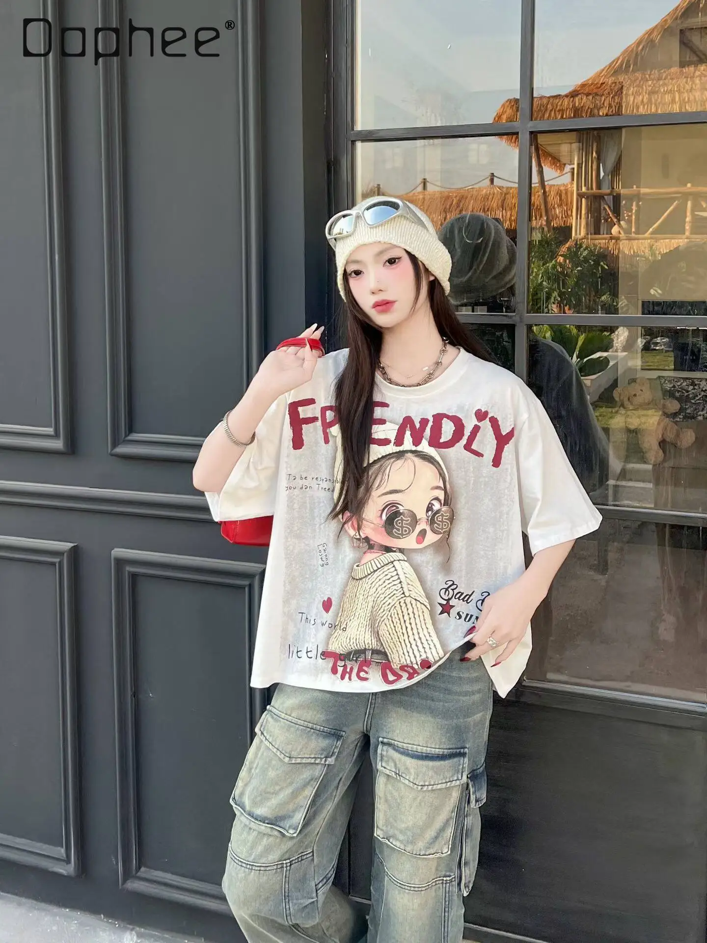

Korean Version of Fashion Trend American Retro Cartoon Girl Short-sleeved T-shirt Women's Loose Top T Shirt Women