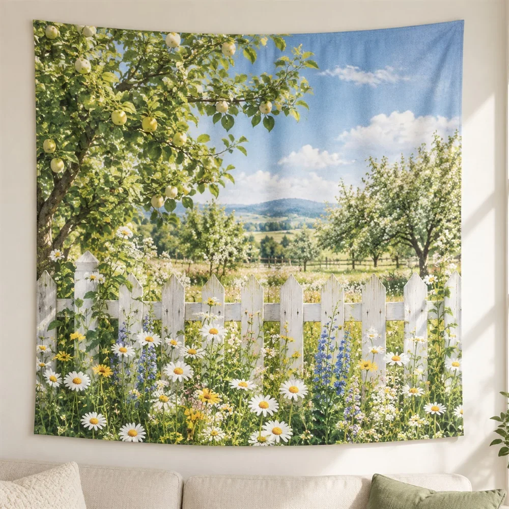 VIKAMA Picket Fence Wildflowers Tapestry Wall Hanging, Aesthetic Cottage Room Decor Tapestries for Bedroom Living Room Study