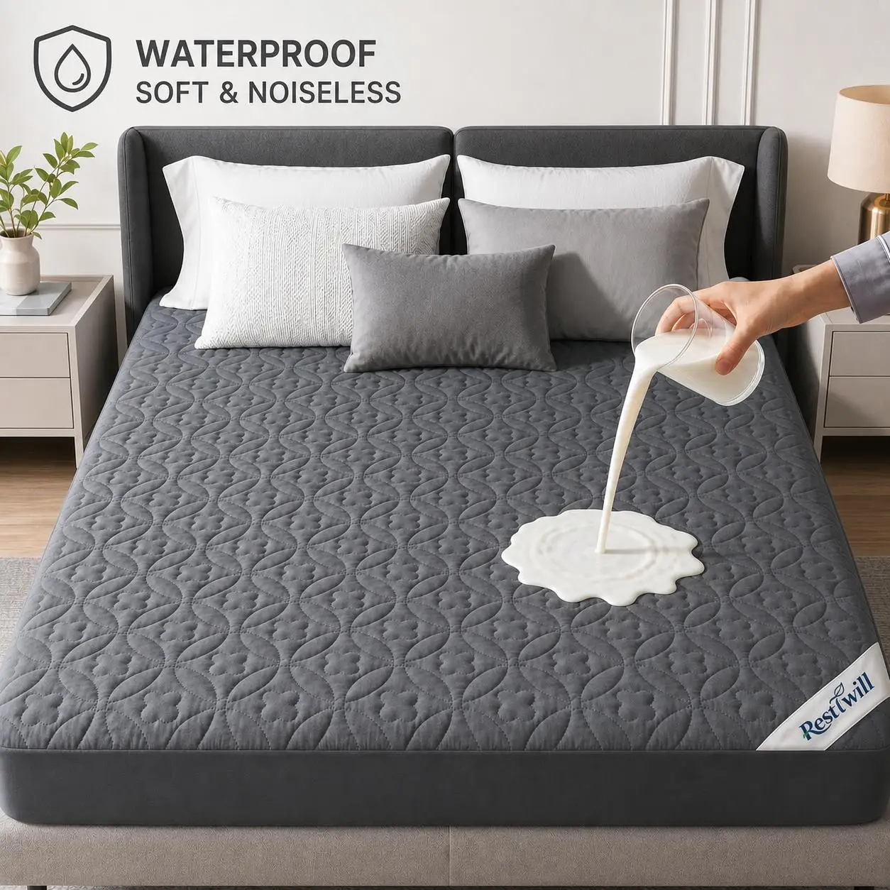 100% Waterproof Quilted Mattress Protector Soft Noiseless Breathable Bed Cover Deep Pocket Fitted Mattress Pad Machine Washable Bedding Sheet Twin Full Queen King Size Solid White Gray