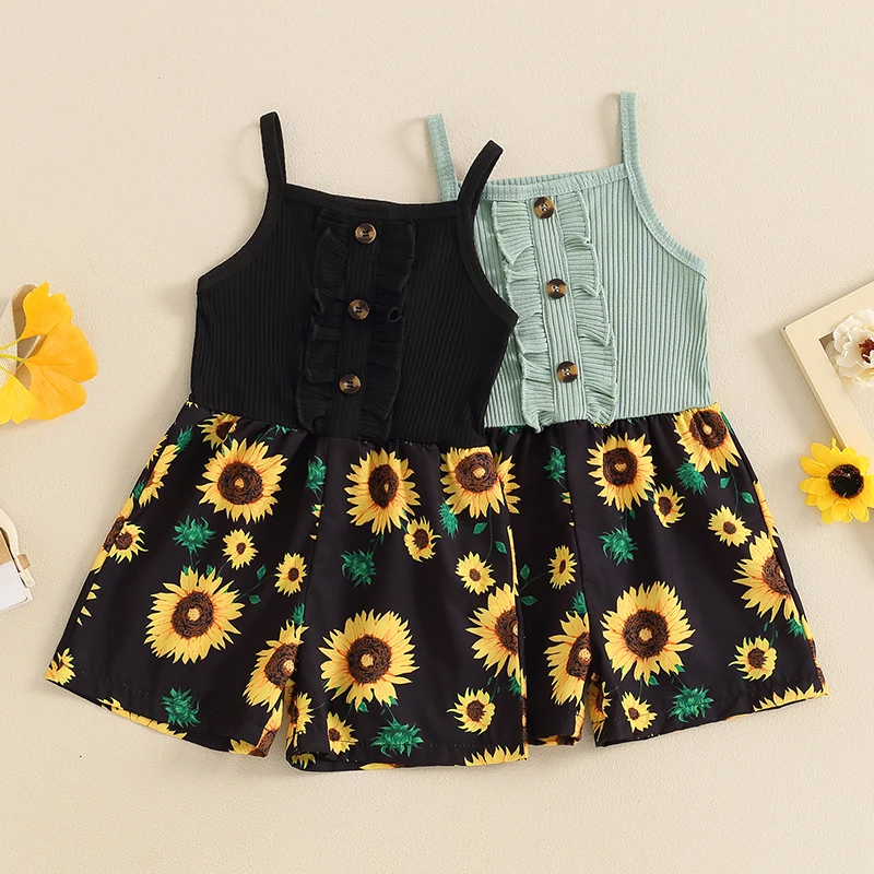 

SUNSIOM Toddler Girls Rompers Overalls Sunflower Print Buttons Frills Spaghetti Strap Sleeveless Bodysuits Summer Jumpsuit